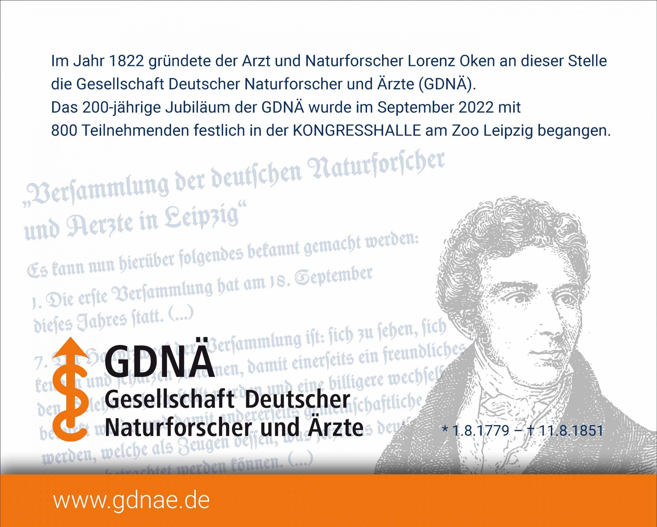 Die Plakette zeigt Lorenz Oken, den Gründer der GDNÄ, und einen Auszug aus der Gründungsurkunde.