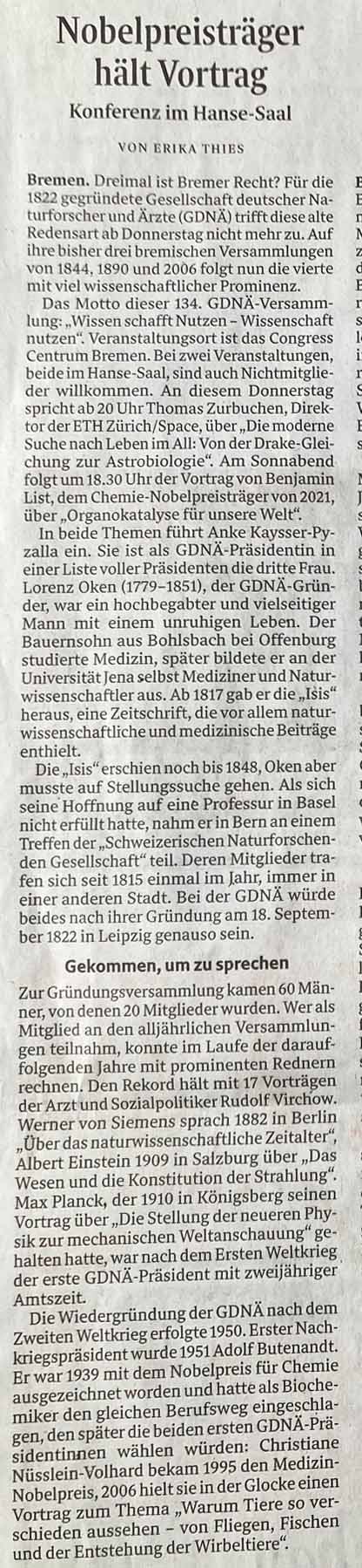 Seite 12 aus dem Weserkurier vom 17. September 2026 Impressionen vom Vorbereitungstreffen des Schülerprogramms im Juni 2022 in Leipzig.